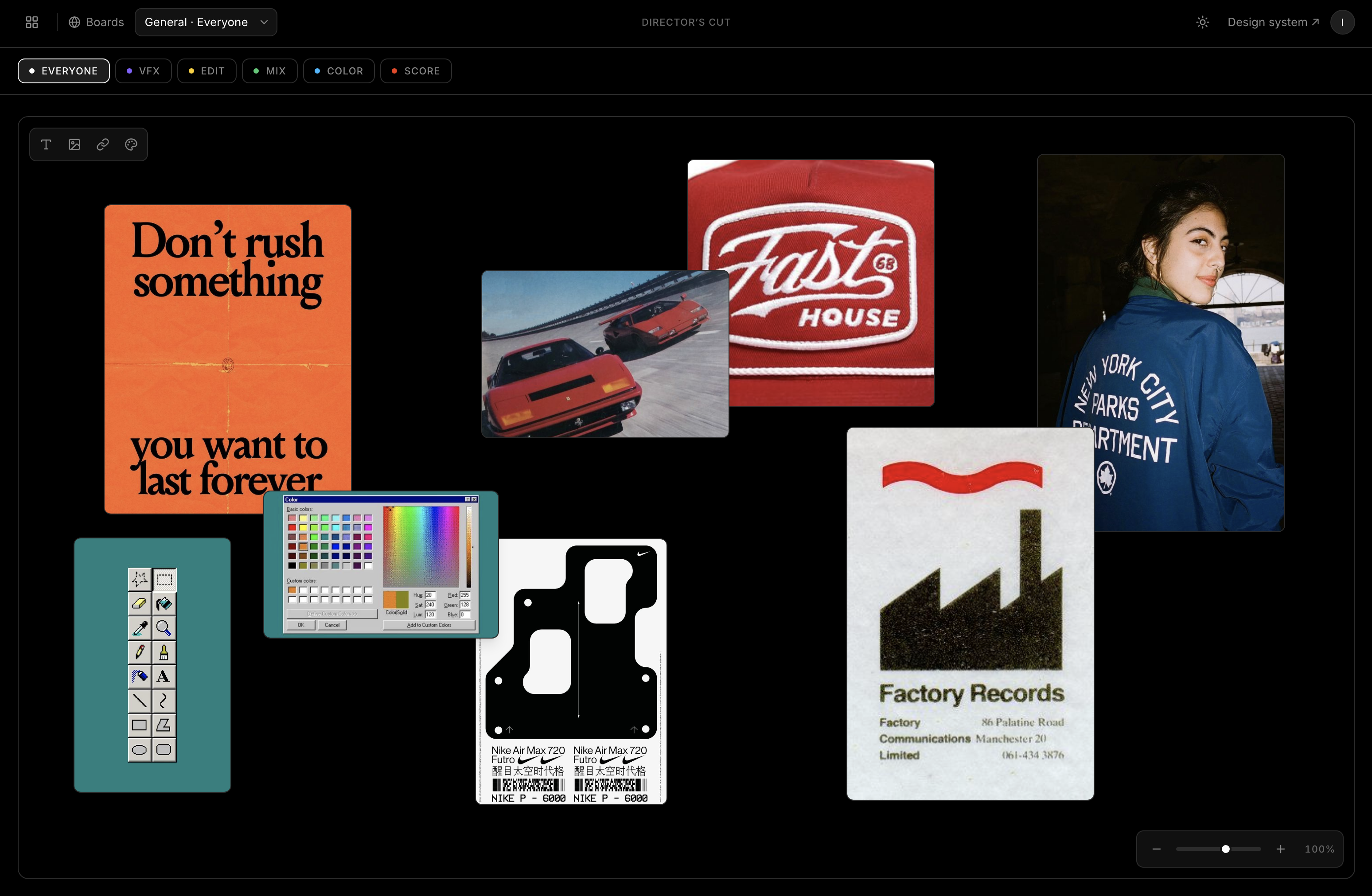 The shared Vision Board: references overlapped by hand, filtered by department