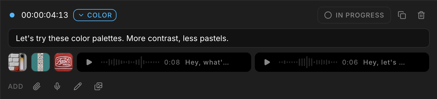 One note carrying three references and two voice notes, each with its waveform and transcript