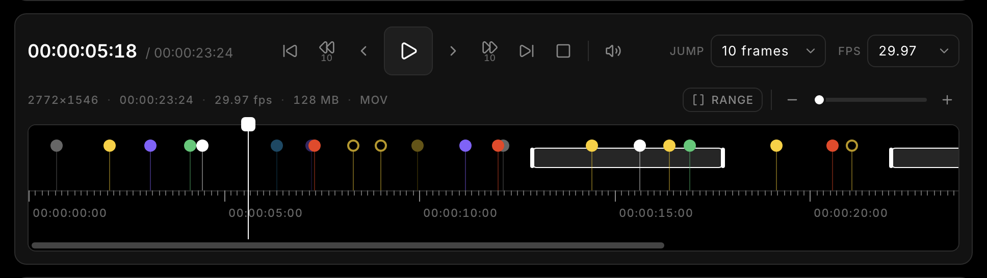 The Ruler at a working zoom: markers in department colors, two range spans, the playhead on a frame