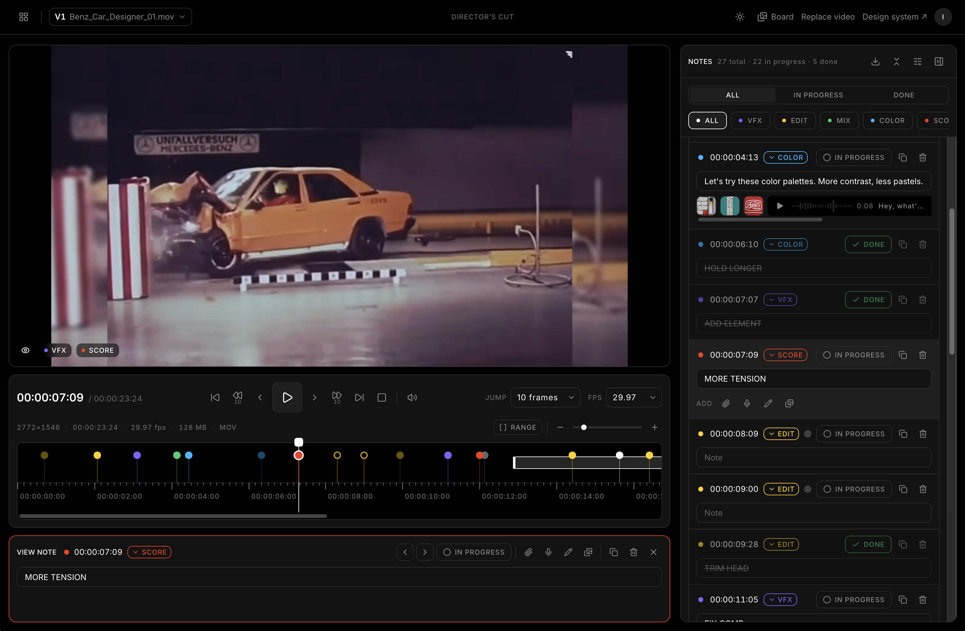The review screen: video, the Ruler, the docked note, and the notes panel filtered by channel