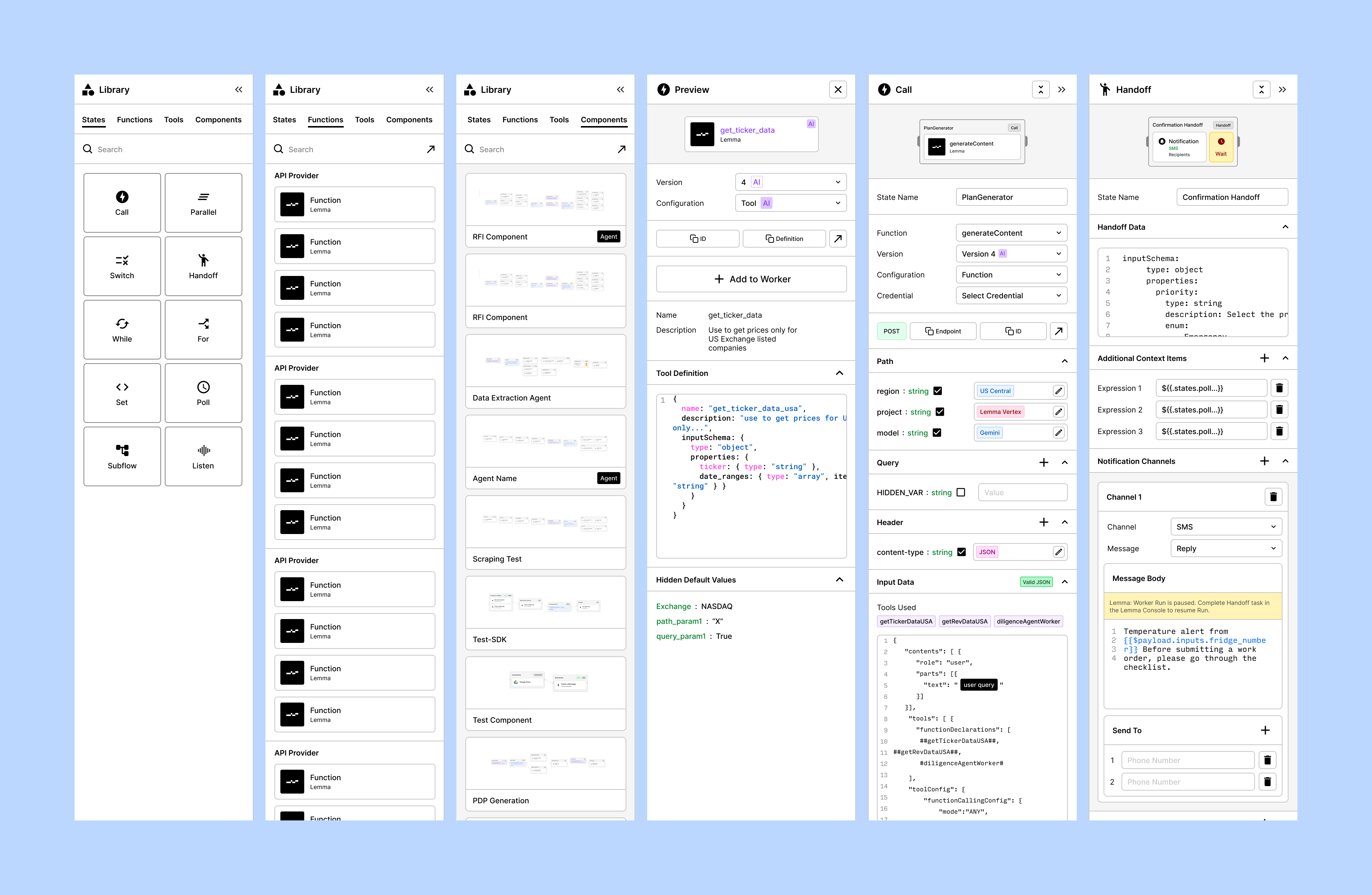 Panel system: library, preview, call, and handoff configuration