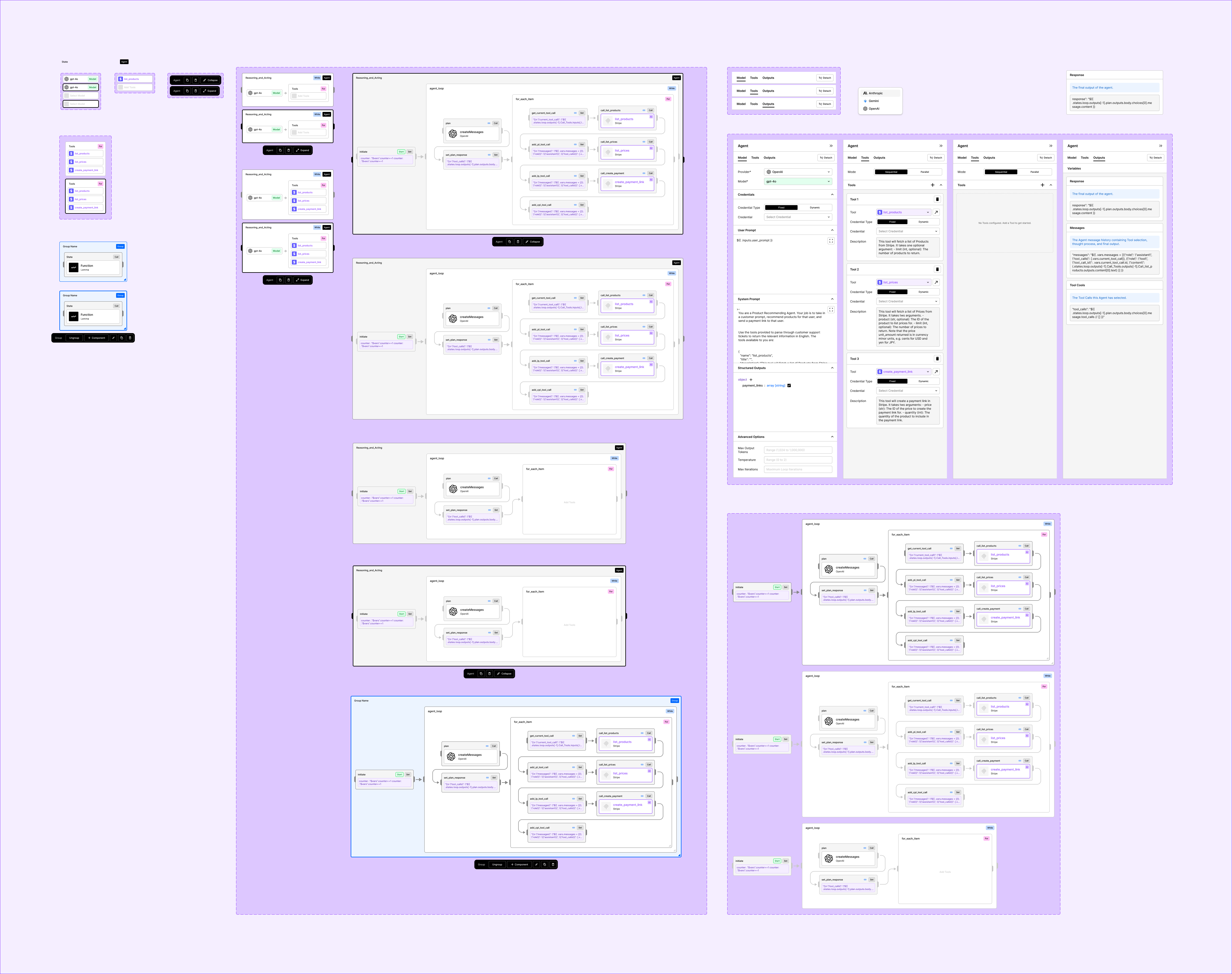 Component library: worker flows and agent panels drawn out in full
