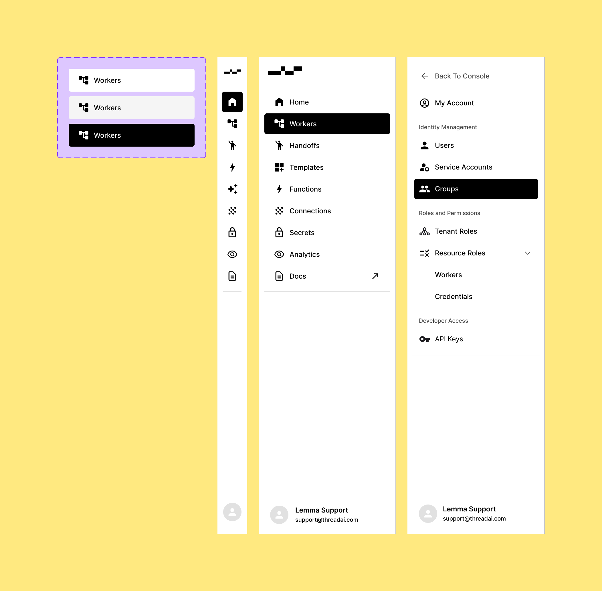 Navigation: collapsed rail, expanded menu, console settings