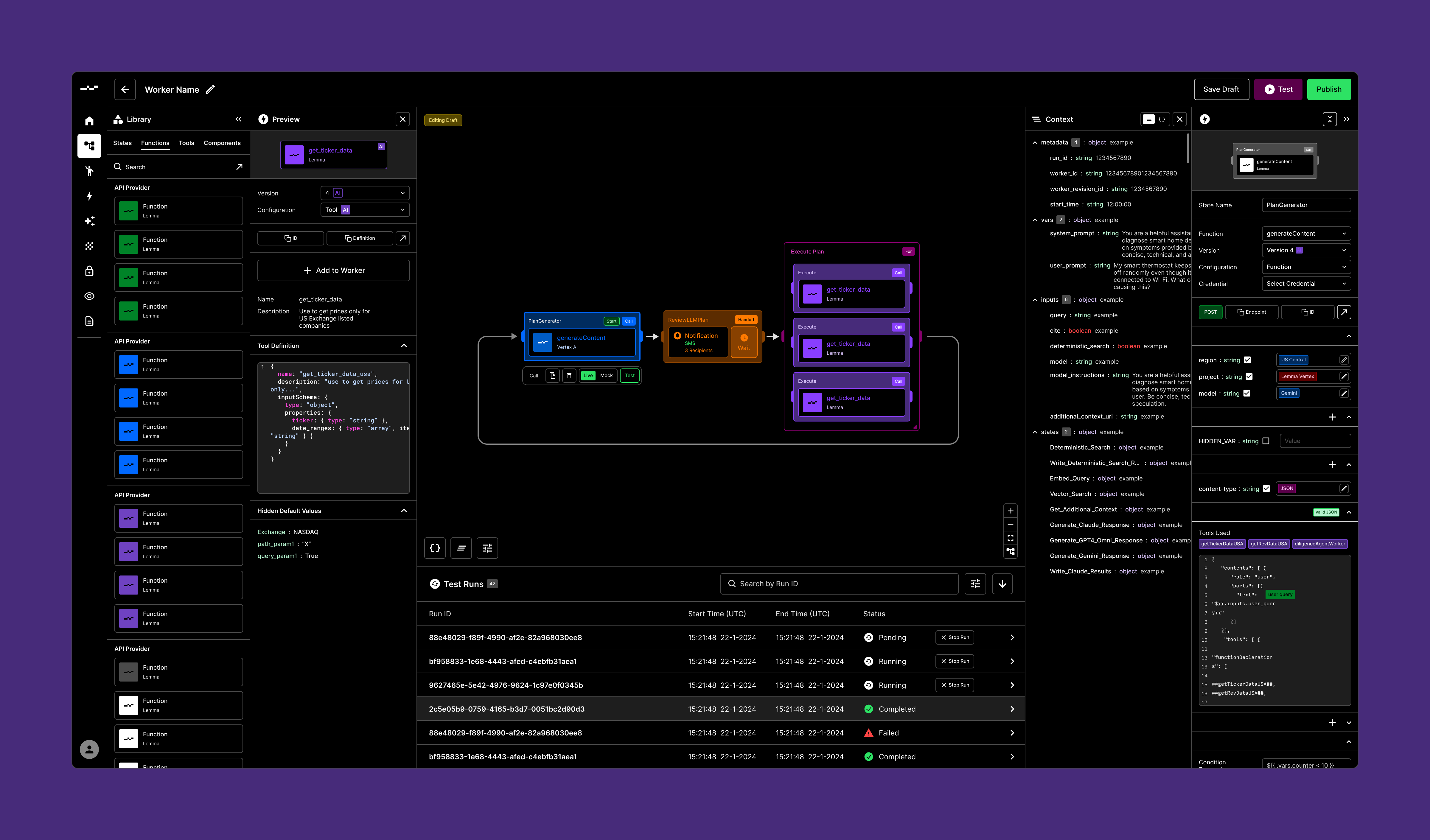 The same canvas in dark theme, test runs streaming below